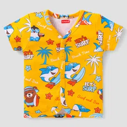 Babyhug 100% Cotton Knit Half Sleeves Front Open Vests with Beach Theme Print & Stripes Pack of 3 - Yellow Blue & Red image 4