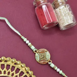 MEIRA JEWELLERY Set Of 2 Stones Studded & Beaded Thread Rakhis With Roli Chawal Card image 5