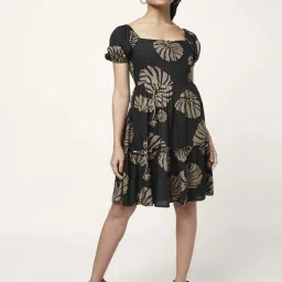 People by Pantaloons Black Printed A-Line Dress image 1