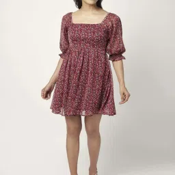 People by Pantaloons Maroon Floral Print A-Line Dress image 1