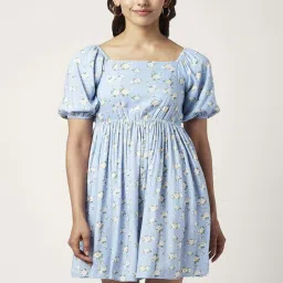 People by Pantaloons Blue Floral Print A-Line Dress image 1