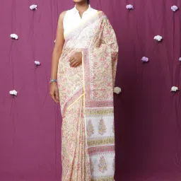 Unnati Silks Yellow Floral Print Saree With Unstitched Blouse image 1