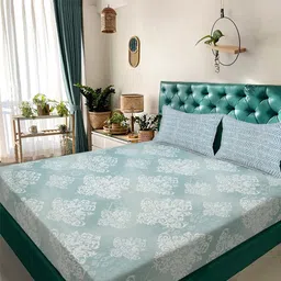 KLOTTHE Green & White Ethnic Motifs 300 TC King Bedsheet with 2 Pillow Covers-picture-16