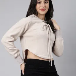 showoffff SHOWOFF Beige Relaxed Fit Crop Hoodie image 1