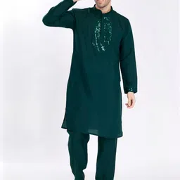 PulseIQ Embroidered Mandarin Collar Sequinned Straight Kurta With Pyjamas-picture-10
