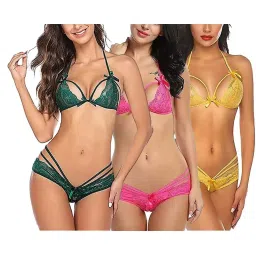AROUSY Green & Pink Self Pattern Lingerie Set image 1