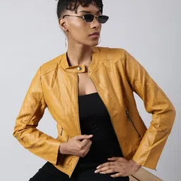 showoffff SHOWOFF Mustard Regular Fit Biker Jacket image 1