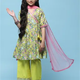 BIBA Girls Green & Pink Floral Print Kurta, Pants, with Dupatta image 1