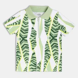 MINIKLUB White & Green Cotton Half Sleeves Abstract Printed Polo T-Shirt image 1