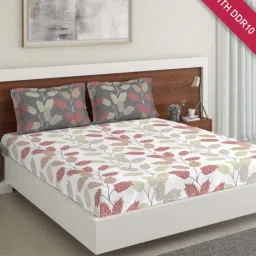 DDecor Floral White & Red 136 TC Cotton Double Bedsheet with 2 Pillow Covers image 1