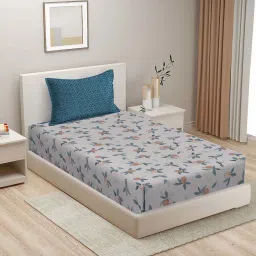 HOSTA HOMES Grey & Blue Cotton 280 TC Single Bedsheet with 1 Pillow cover image 1