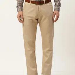 Sojanya Beige Cotton Regular Slim Fit Self Pattern Flat Front Trousers-picture-33