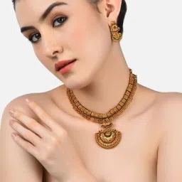 Zaveri Pearls Green & Pink Stones South Indian Style Temple Necklace & Earring Set-ZPFK9639 image 1