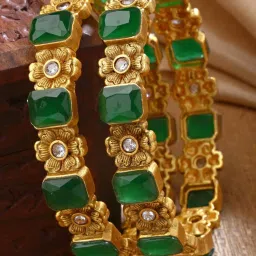 Karatcart Gold-Plated Green Stone Studded Floral Rajwadi Temple Bangles Women - Set of 2 image 1