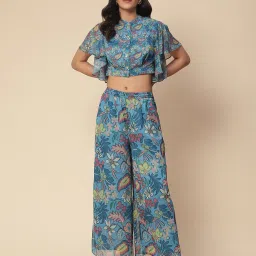 aarke Ritu Kumar Blue Floral Print Crop Top With Palazzos image 1