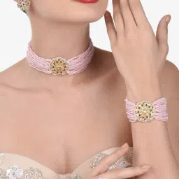 Zaveri Pearls Pink Multistrand Necklace Earring Bracelet & Ring Set-ZPFK12909-picture-10