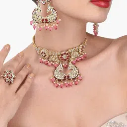 Zaveri Pearls Pink Kundan & Beads Ethnic Choker Necklace Earring & Ring Set-ZPFK12907-picture-13