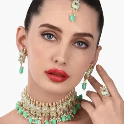 Zaveri Pearls Green & Pink Meenakari Kundan Choker Necklace Earring Maangtikka & Ring Set-ZPFK12912-image-87