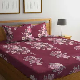 Klotthe Maroon 300 TC Polycotton Double Elastic Book Fold Bedsheet with 2 Pillow Covers-image-47