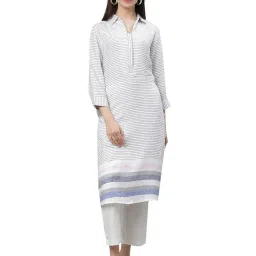 Linen Club Woman White & Grey Linen Striped A Line Kurta image 1