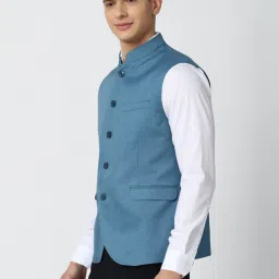 Peter England Blue Regular Fit Self Pattern Nehru Jacket image 3