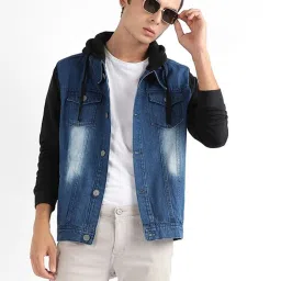 Campus Sutra Black & Blue Cotton Regular Fit Colour Block Denim Jacket image 1