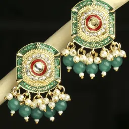 Oomph Meenakari Ethnic With Kundan & Pearls Green Drop Earrings image 1