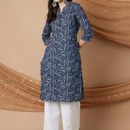 Melange by Lifestyle Blue Cotton Printed Straight Kurta-picture-10