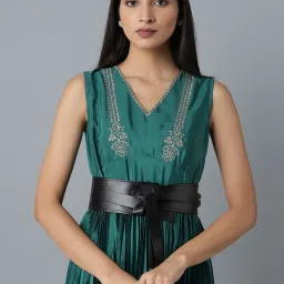 W Dark Green Embroidered Maxi Dress With Belt image 5