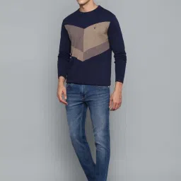 Allen Solly Navy Blue & Brown Cotton Regular Fit Colour Block Sweaters image 5