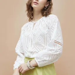 Colour Me By Melange White Cotton Regular Fit Embroidered Top image 1