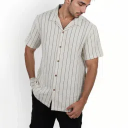 Celio* Ecru Regular Fit Striped Shirt-image-8