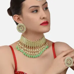 Zaveri Pearls Green Bridal Kundan Choker Necklace Earring Maangtikka & Ring Set-ZPFK11420-picture-29