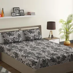 Swayam Sparkle Floral Black & White 120 TC Cotton Blend King Bedsheet with 2 Pillow Covers image 1