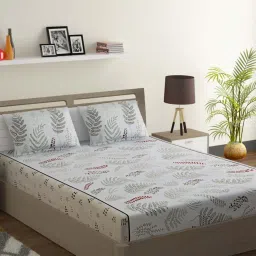 Swayam Veda Printed Off White 144 TC Cotton King Bedsheet with 2 Pillow Covers image 1