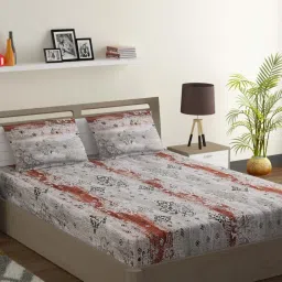 Swayam Printed Grey & Brown 144 TC Cotton King Bedsheet with 2 Pillow Covers image 1