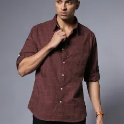 High Star Dark Maroon Relaxed Fit Check Cotton Shirt-image-50