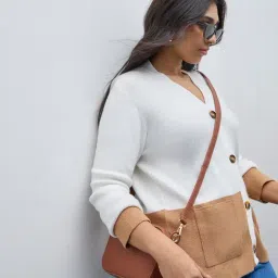 Gia by Westside Off-White & Tan Colour-Blocked Ribbed Cardigan-image-91