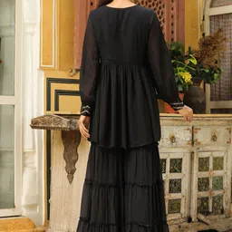 Kalini Women Black Georgette Sequined Front Slit Tunic With Sharara Set image 5