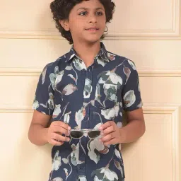 Crimsoune Club Boys Green Cotton Slim Fit Floral Print Shirt-picture-17