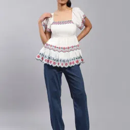 Label Ritu Kumar Off White Embroidered Peplum Top image 4
