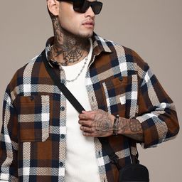 WROGN Tartan Checks Drop-Shoulder Sleeves Oversized Knitted Casual Shirt-picture-13