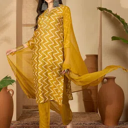 Sangria Printed V-Neck Straight Kurta With Trousers & Dupatta-image-19