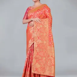Monjolika Fashion Banarasi Silk Peach Color Zari Woven Saree With Embellished Unsttiched Blouse image 3