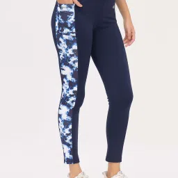 Clovia Navy Blue High Rise with Side Marble Print Panels Active Tights image 4