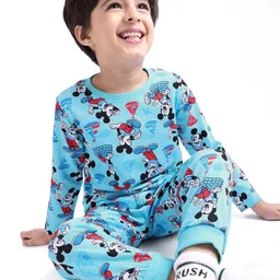 Babyhug Disney Cotton Knit Single Jersey Night Suit With Mickey Mouse Print - Navy Blue-picture-24