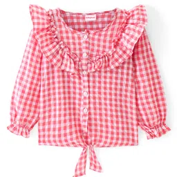 Babyhug Rayon Knit Full Sleeves  Checked Top with Frill & Knot Detailing - Pink-picture-23