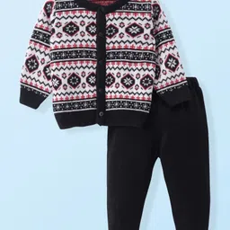 doodle poodle Doodle Poddle Knitted Full Sleeves Front Open Sweater Set with Aztec Design - White & Black-picture-17