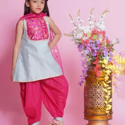 Little Bansi Cotton Silk Sleeveless Floral Embroidered Kurta Salwar With Dupatta - Multi Colour-picture-22
