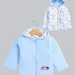 BUMZEE Cotton Full Sleeves Dinosaur Printed & Happy Friends Text Embroidered Hooded Reversible Jacket - Sky Blue & White-picture-24